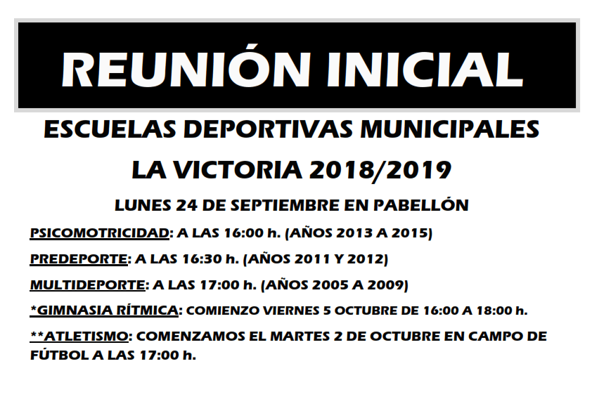 REUNIONES COMIENZO ESCUELAS DEPORTIVAS MUNICIPALES LA VICTORIA 2018-2019