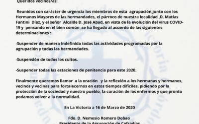 COMUNICADO OFICIAL AGRUPACIÓN, HERMANOS MAYORES HERMANDADES, PARROCO Y ALCALDE