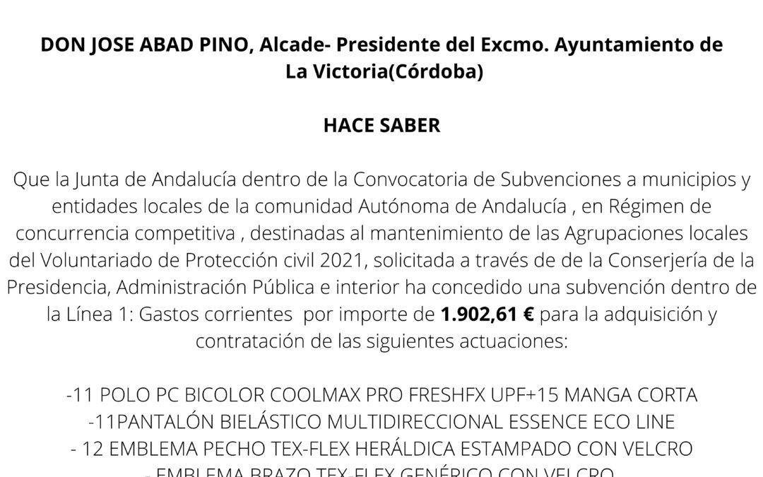 Subvenciones a municipios de la comunidad Autónoma de Andalucía Voluntariado Protección Civil 2021